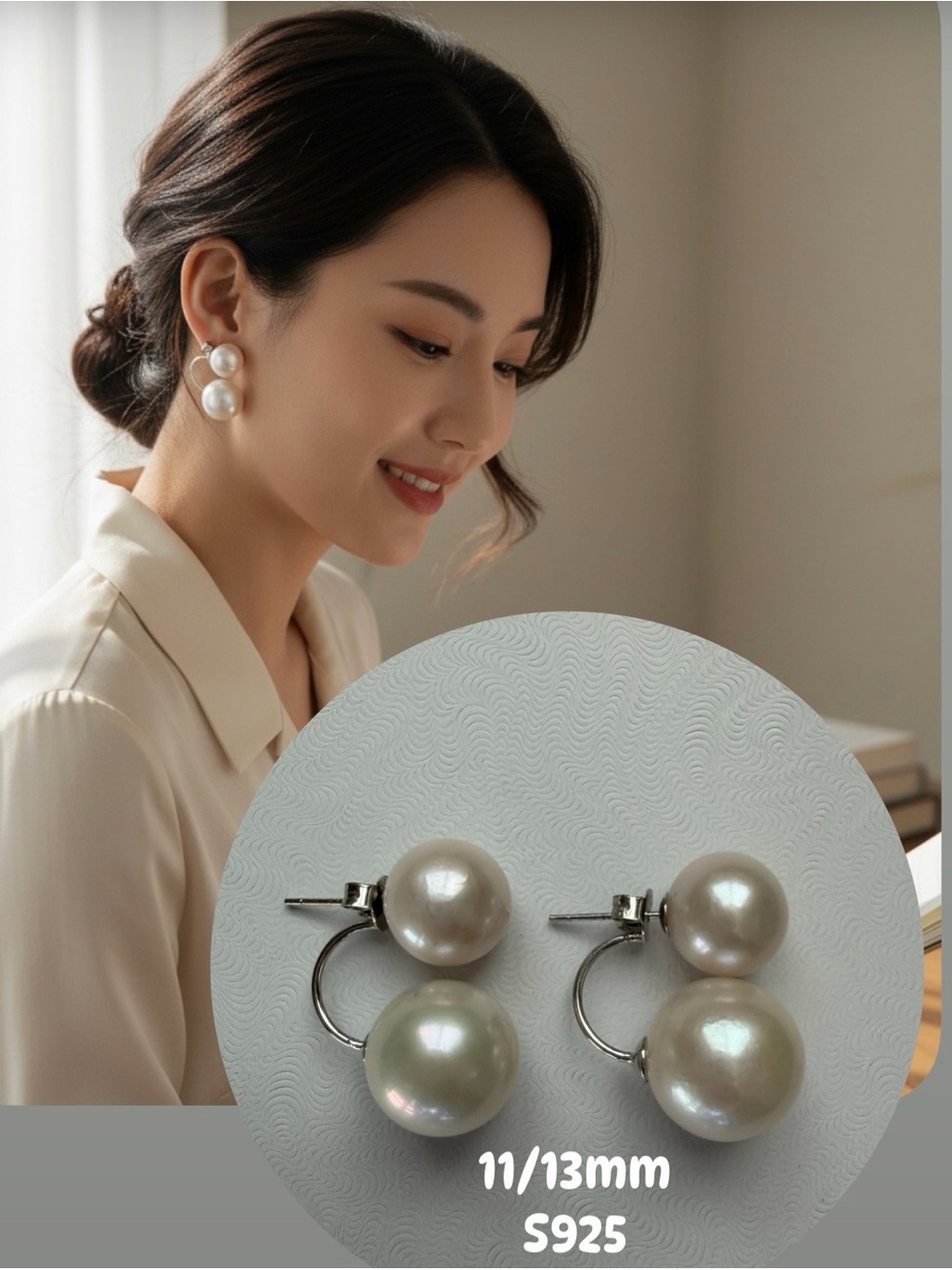 Authentic edison Double Pearl Drop Earrings - in S925 settings